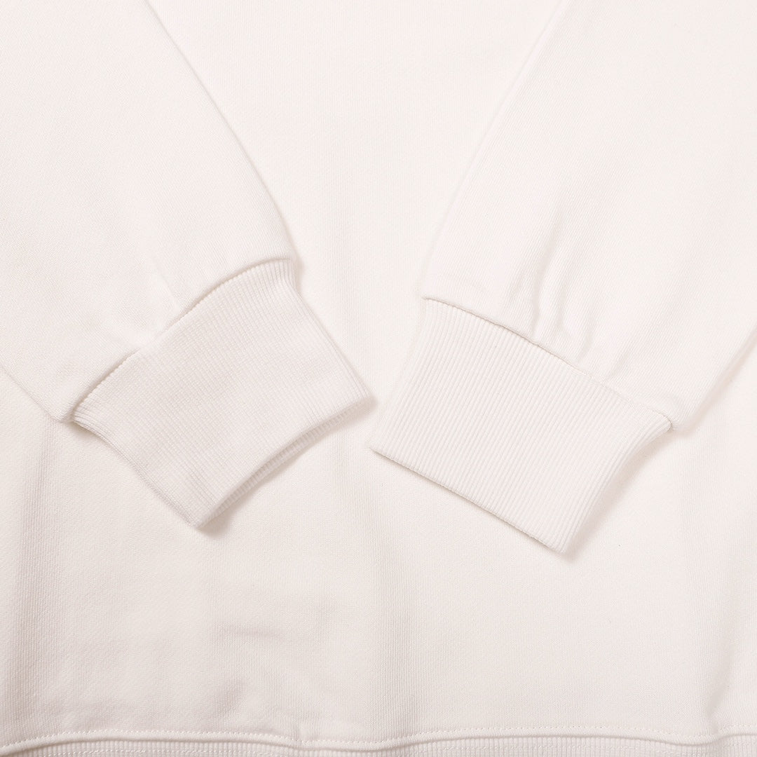 White crewneck sweatshirt with ribbed cuffs and neckline