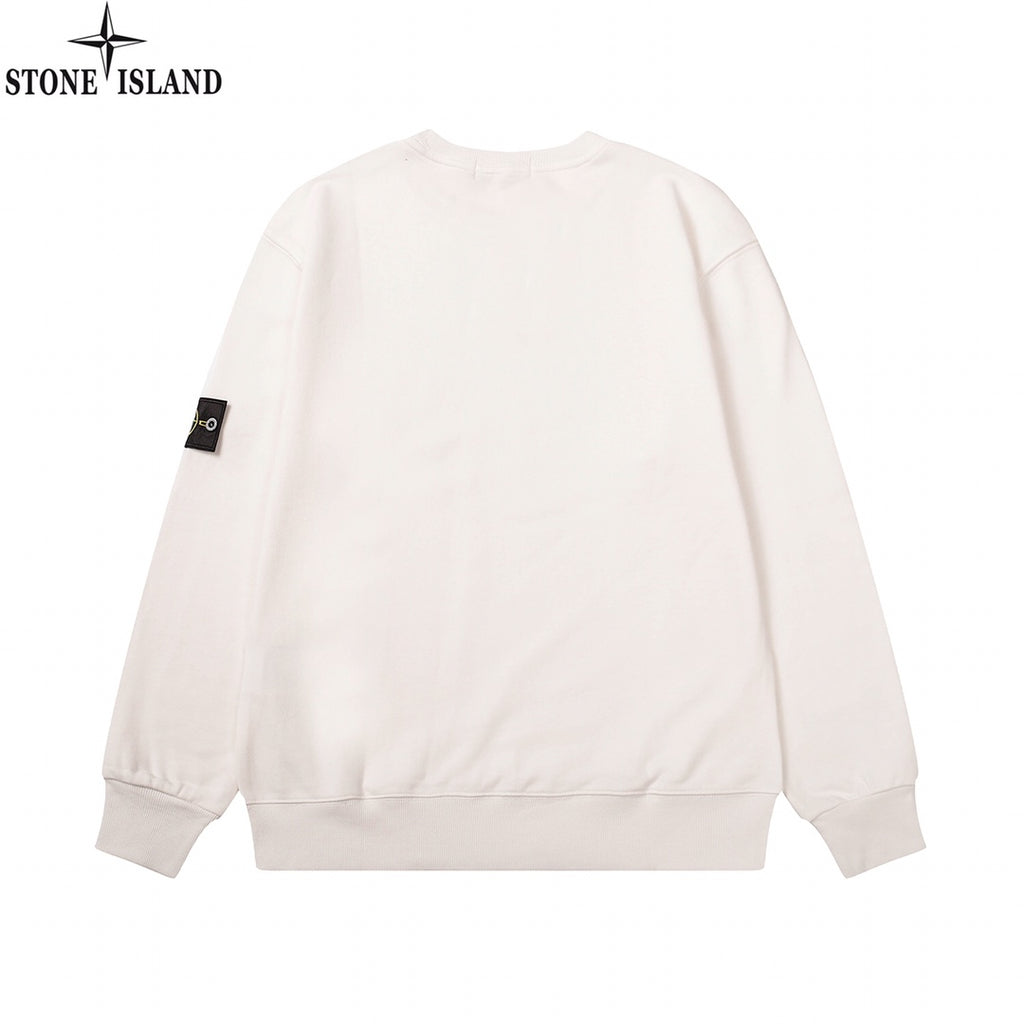 White crewneck sweatshirt with plain back and Stone Island logo sleeve patch