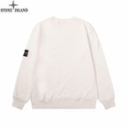 White crewneck sweatshirt with plain back and Stone Island logo sleeve patch