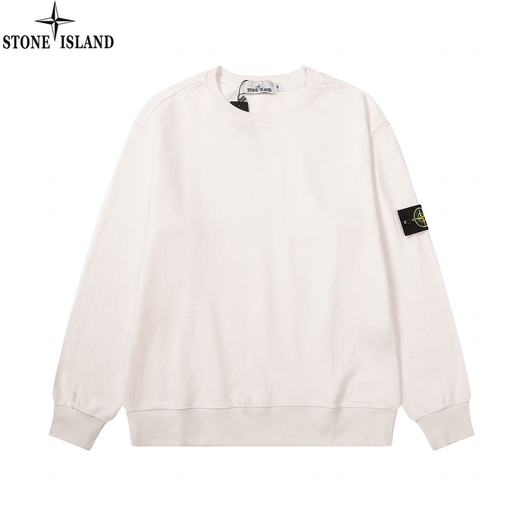 White crewneck sweatshirt with Stone Island logo patch at sleeve