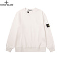 White crewneck sweatshirt with Stone Island logo patch at sleeve