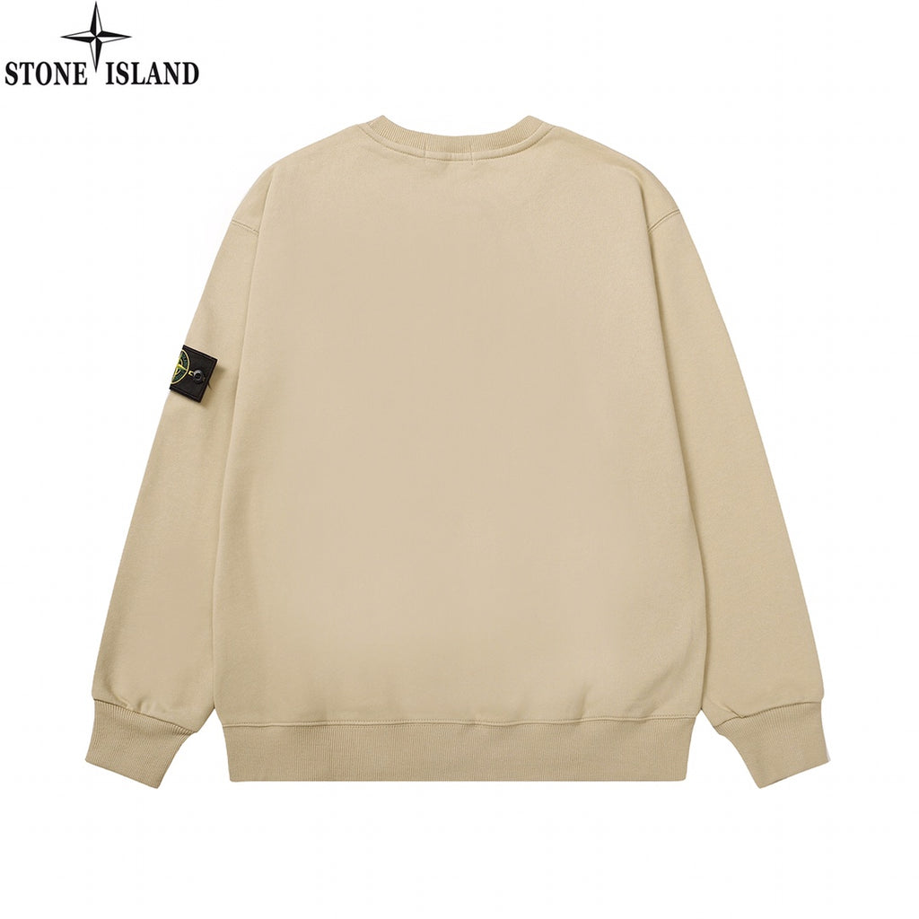 Beige crewneck sweatshirt, back view, with ribbed hem and cuffs