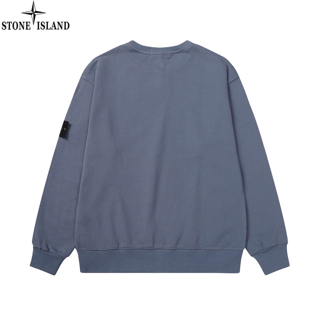 Stone Island crewneck sweatshirt, slate blue, back view, ribbed hem and cuffs