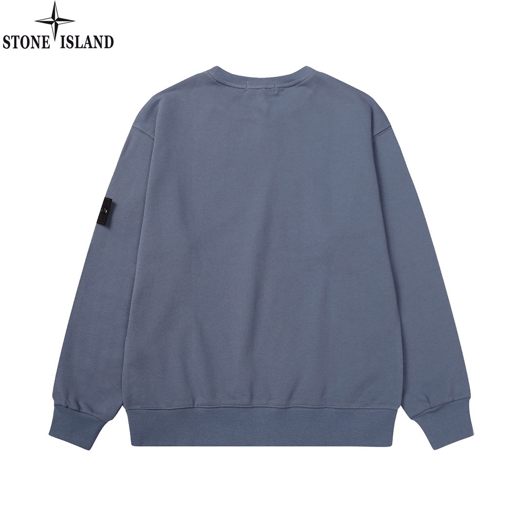 Stone Island crewneck sweatshirt, slate blue, back view, ribbed hem and cuffs