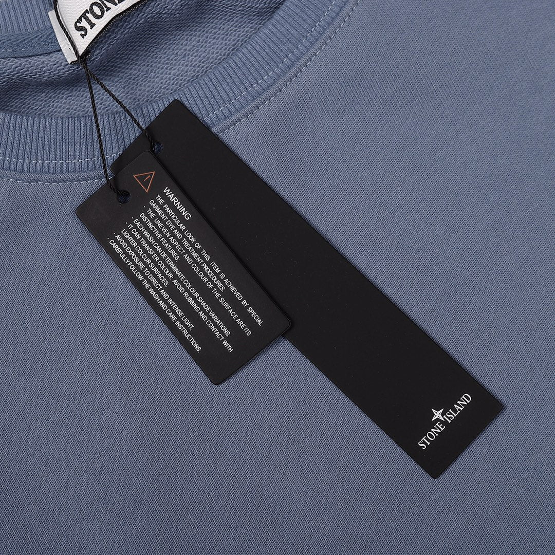 Stone Island crewneck sweatshirt, slate blue, neck tag and hanging size label