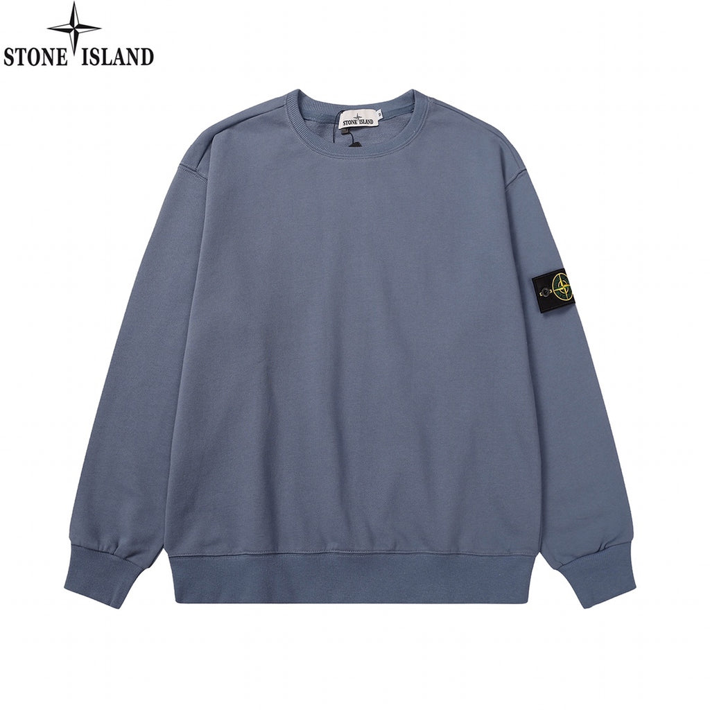 Stone Island crewneck sweatshirt, slate blue, ribbed hem and cuffs, front view