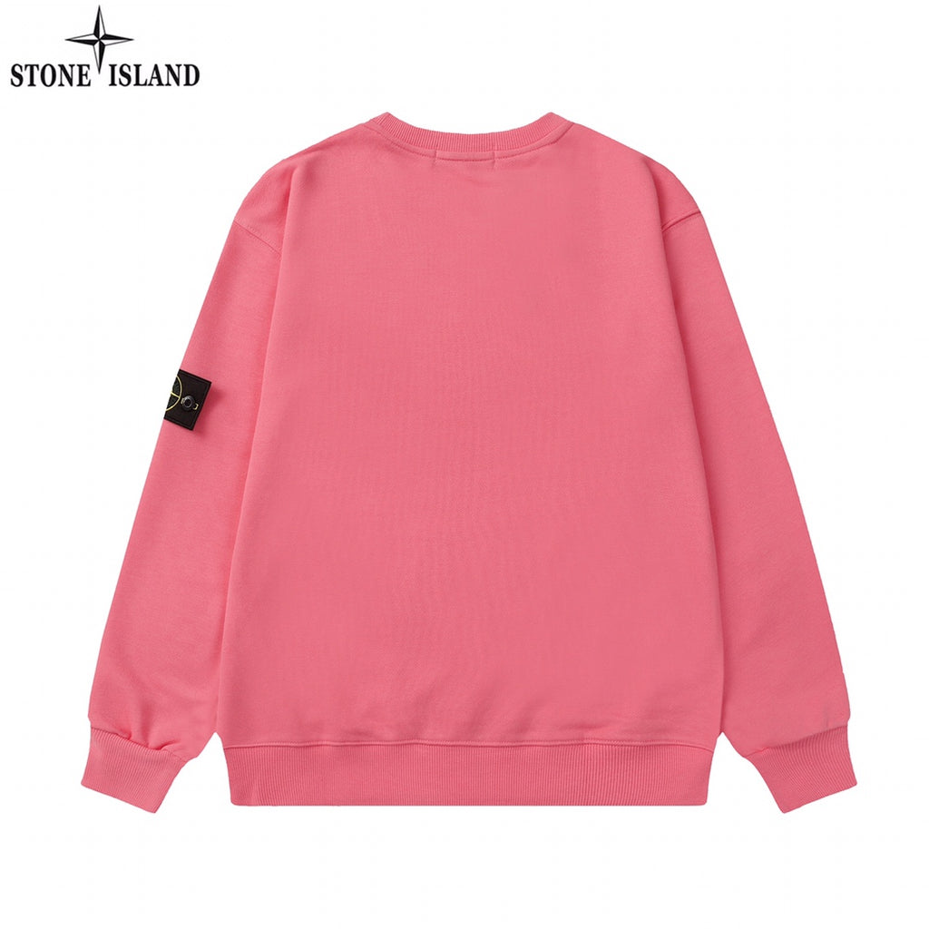 Stone Island crewneck sweatshirt in pink with ribbed cuffs and hem; black logo patch on sleeve