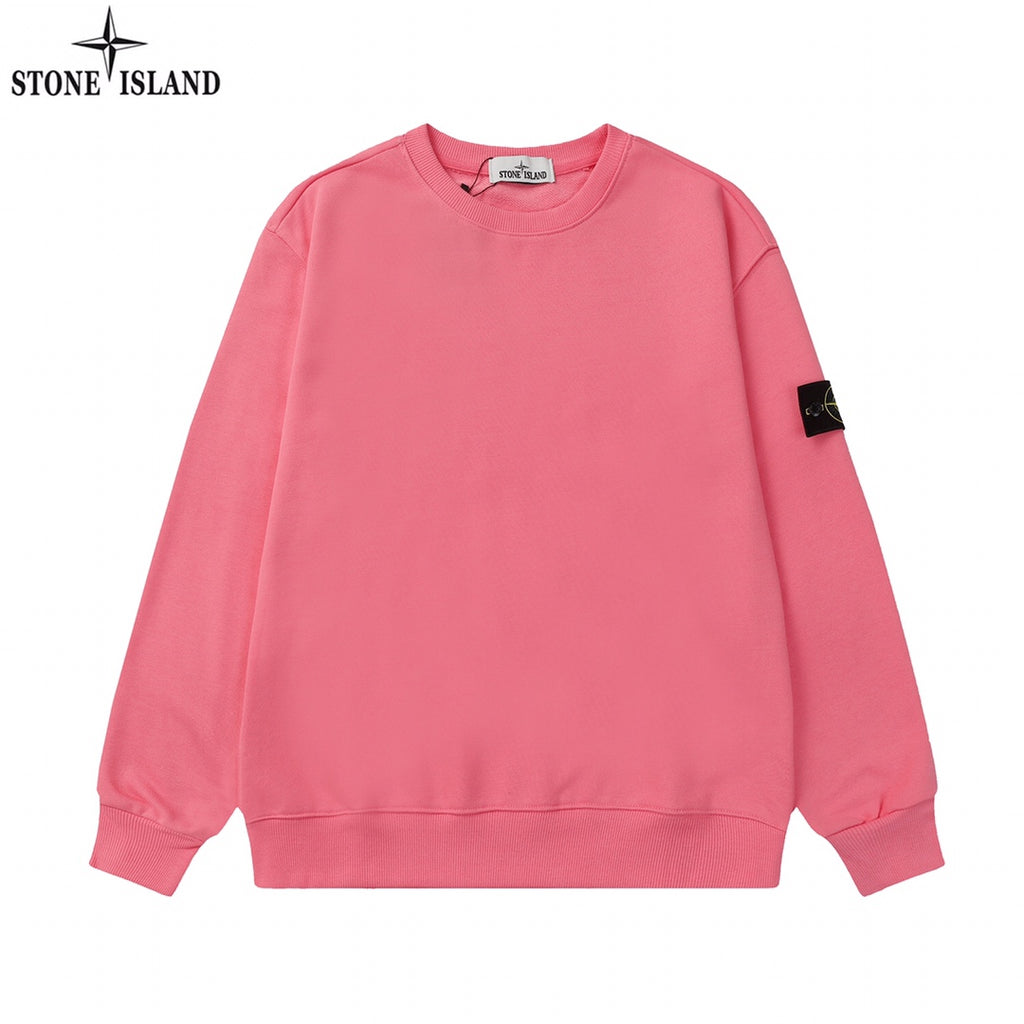 Stone Island crewneck sweatshirt in pink with ribbed cuffs and hem; black logo patch on sleeve