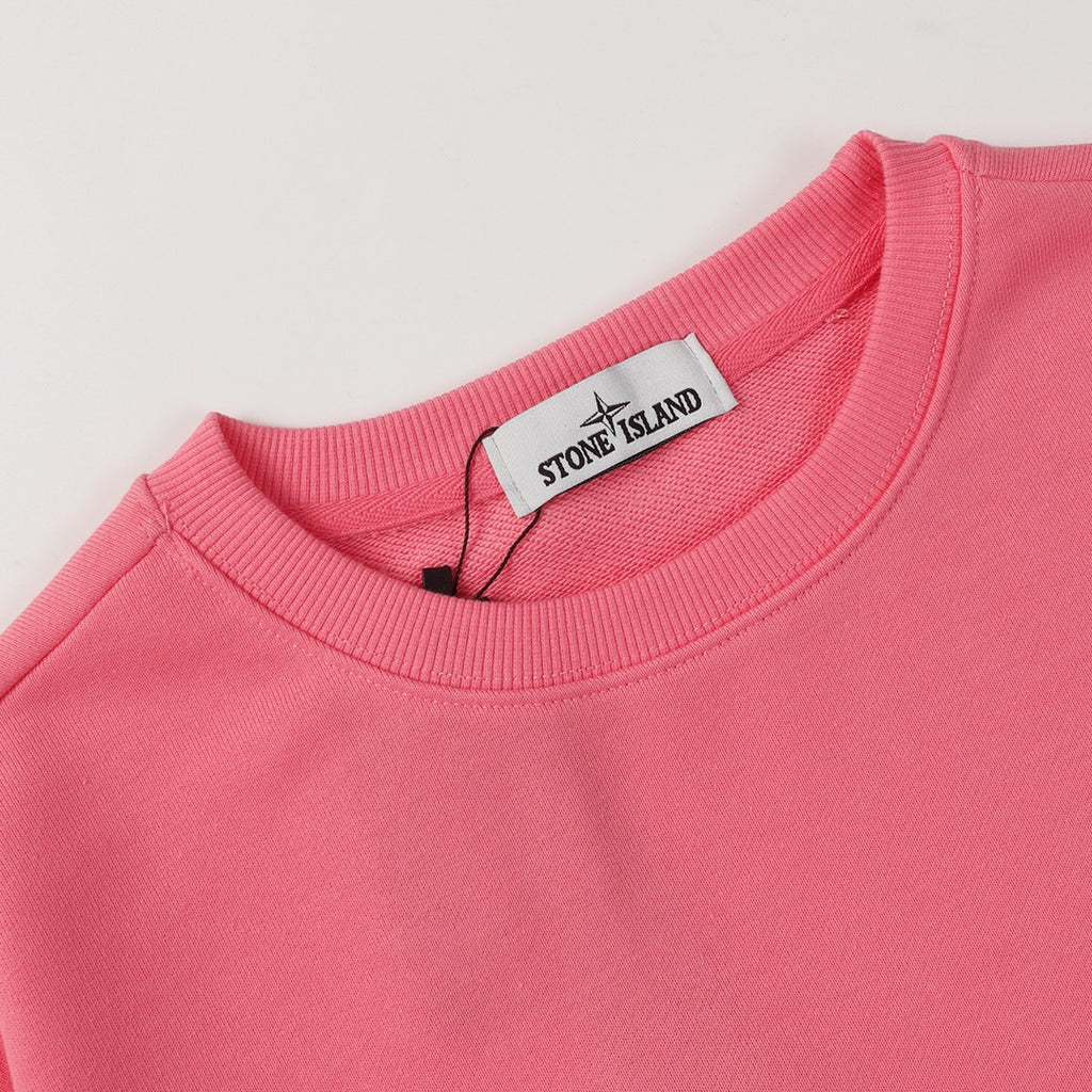 Stone Island crewneck sweatshirt neckline close-up with pink ribbed collar and brand label