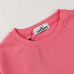 Stone Island crewneck sweatshirt neckline close-up with pink ribbed collar and brand label