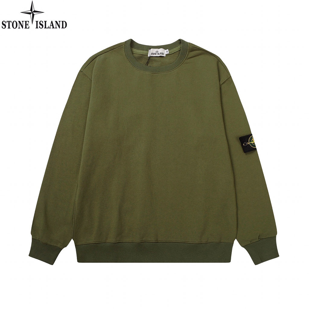 Olive green crewneck sweatshirt with long sleeves and ribbed cuffs