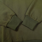 Olive green sweatshirt close-up of crew neck seam and ribbed sleeve cuff
