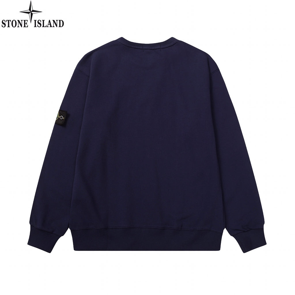 Navy crewneck sweatshirt, back view with ribbed cuffs and hem