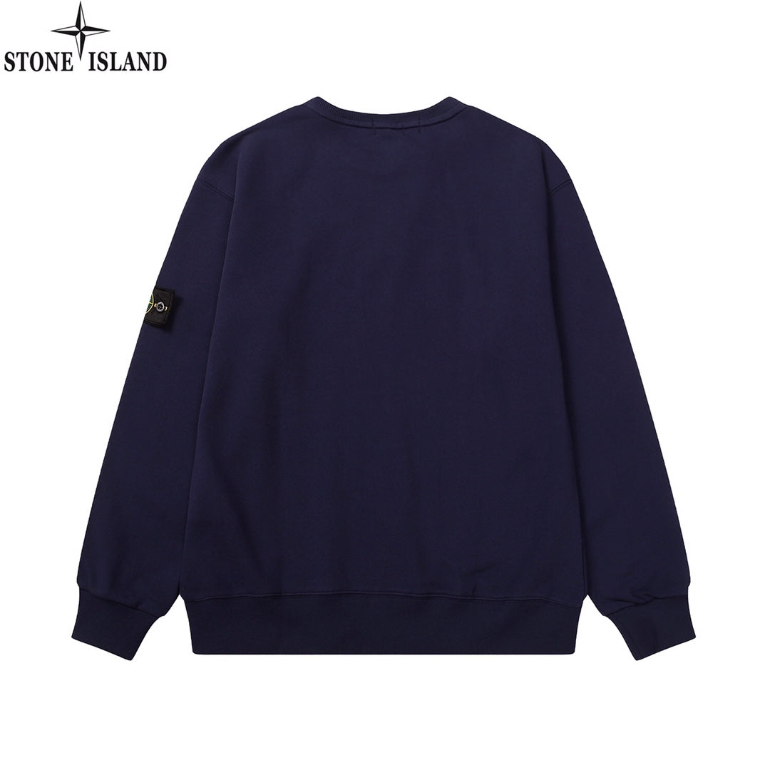 Navy crewneck sweatshirt, back view with ribbed cuffs and hem