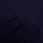 Navy crewneck sweatshirt sleeve cuff and neckline seam detail