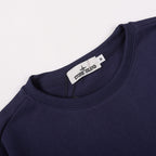 Navy crewneck sweatshirt collar with Stone Island label at the neck