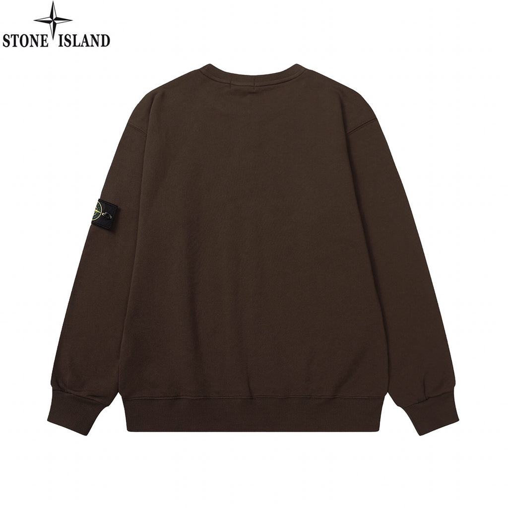 Stone Island crewneck sweatshirt, dark brown, back view with side logo patch