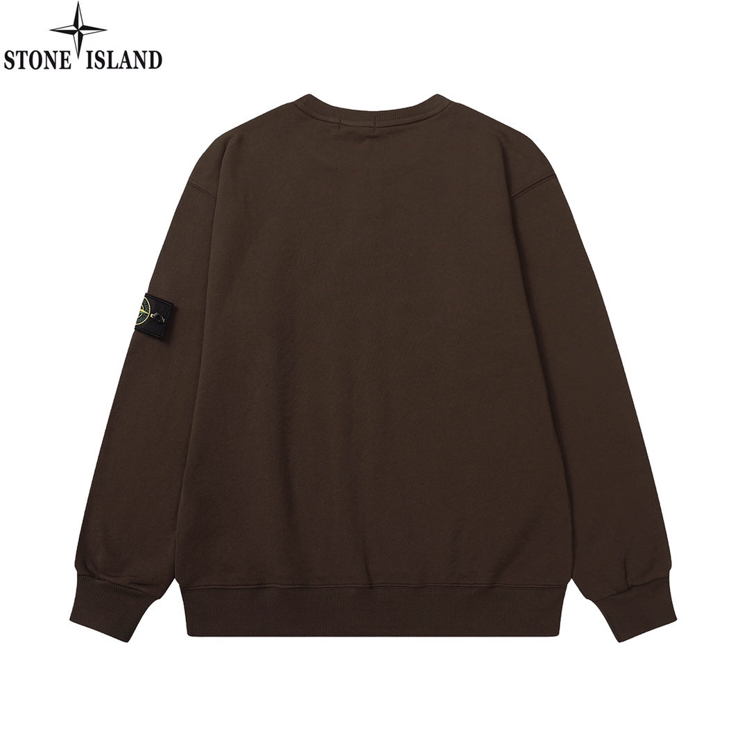 Stone Island crewneck sweatshirt, dark brown, back view with side logo patch