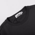 Crewneck sweatshirt neckline with Stone Island branded tag, dark black rib knit