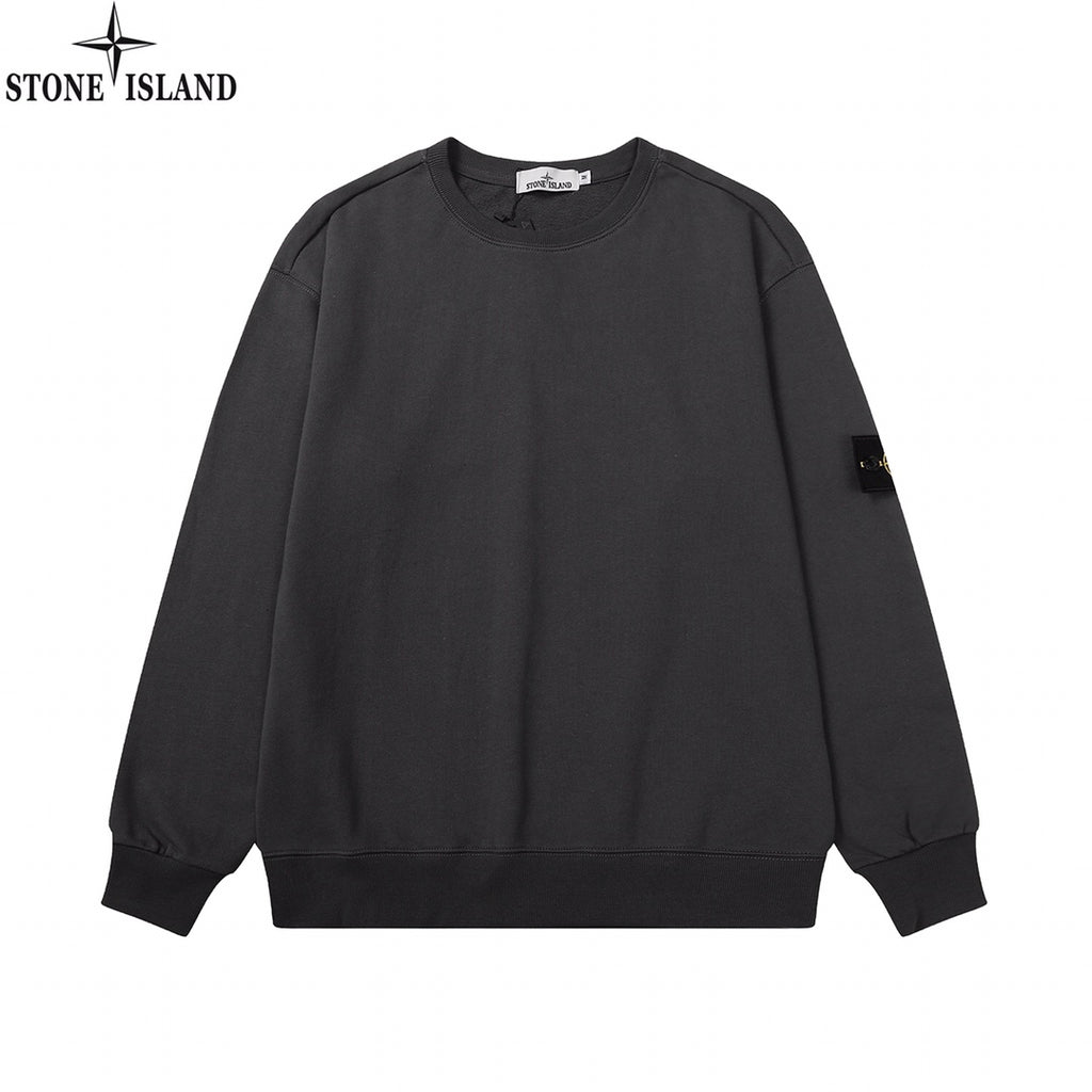Stone Island crewneck sweatshirt, dark black, long sleeves, ribbed cuffs and hem