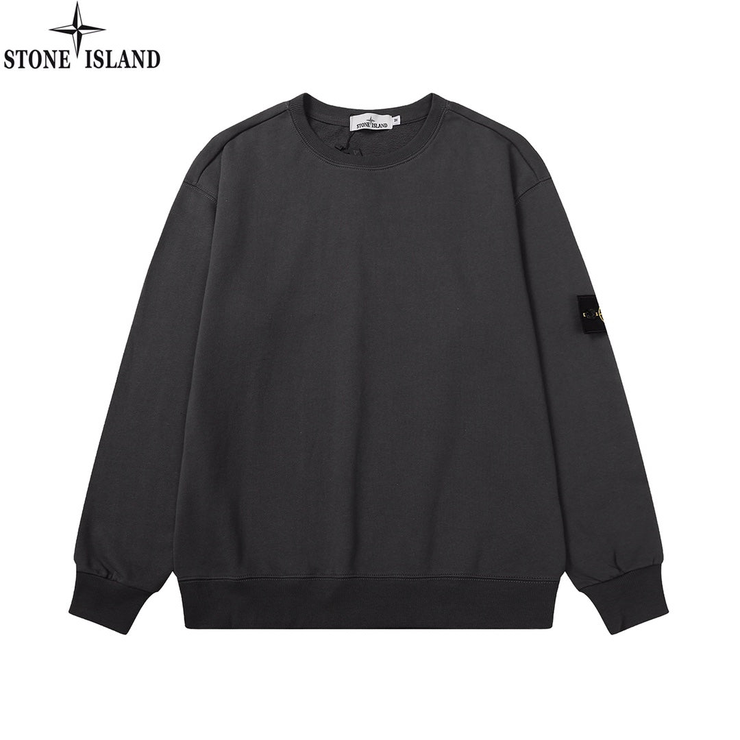Stone Island crewneck sweatshirt, dark black, long sleeves, ribbed cuffs and hem
