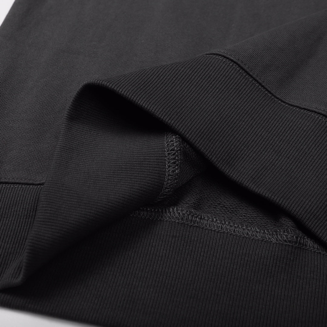 Crewneck sweatshirt sleeve cuff close-up, dark black ribbing and knit texture