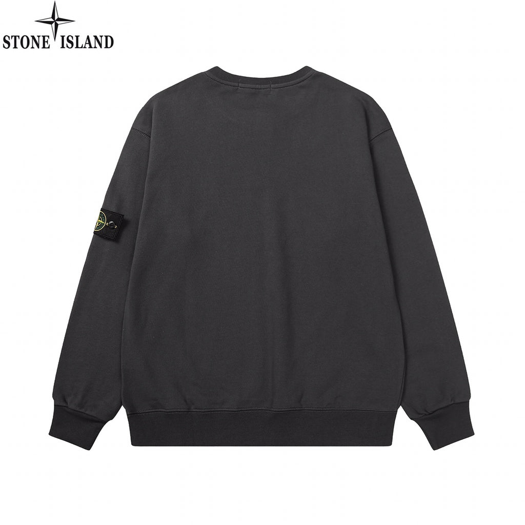Crewneck sweatshirt back view, dark black, ribbed hem and cuffs, relaxed fit