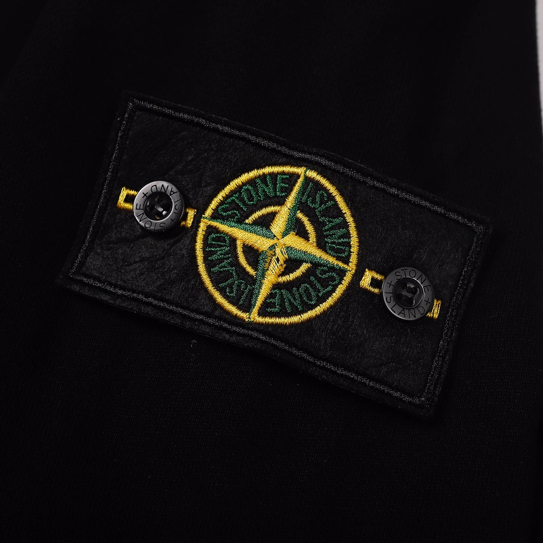 Black crewneck sweatshirt embroidered logo patch on chest