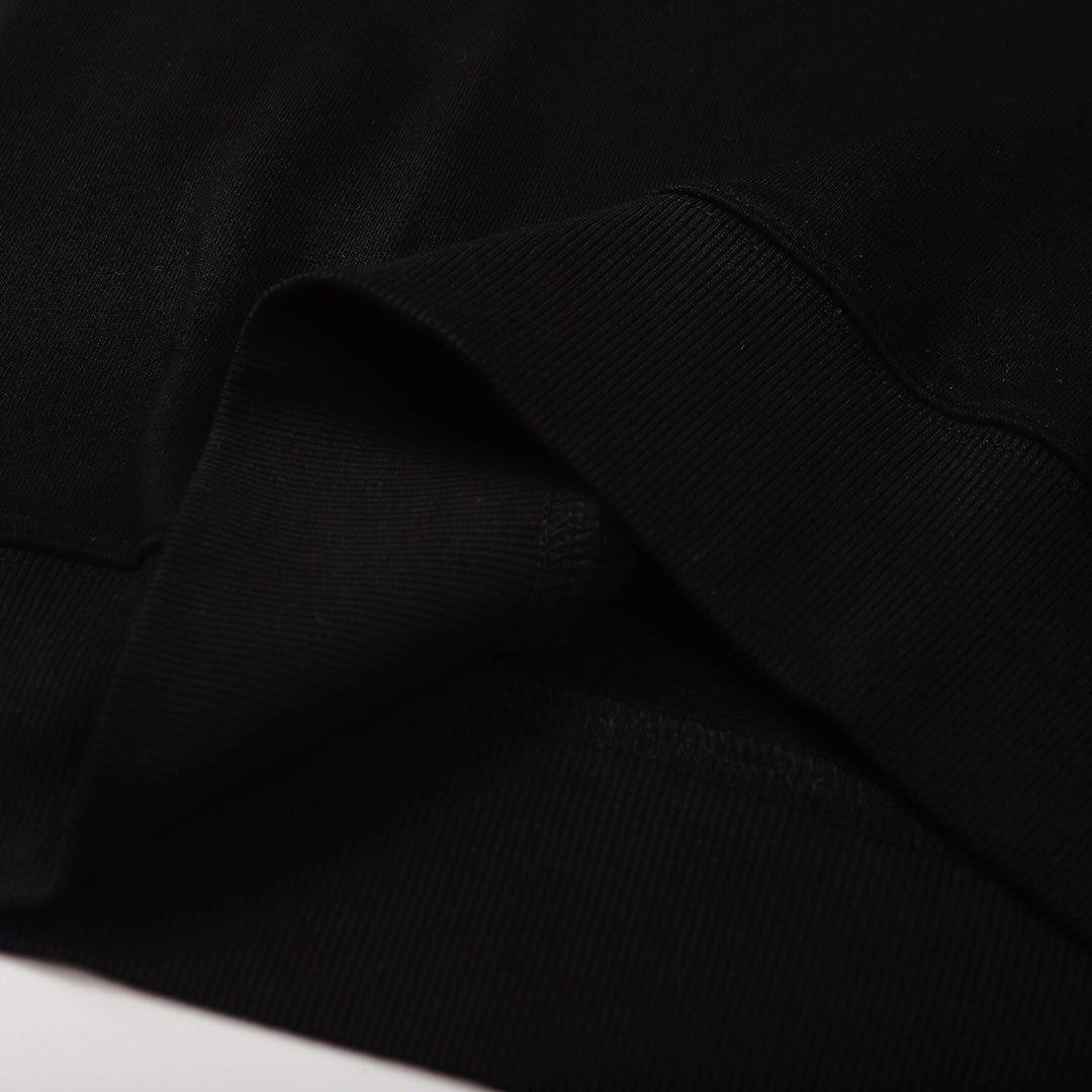 Black crewneck sweatshirt knit collar seam close-up