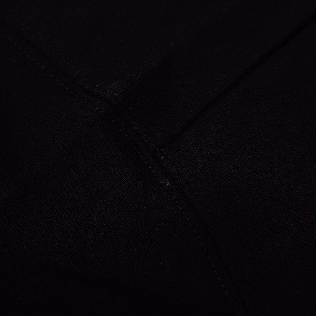 Black crewneck sweatshirt fabric close-up, stitched seam