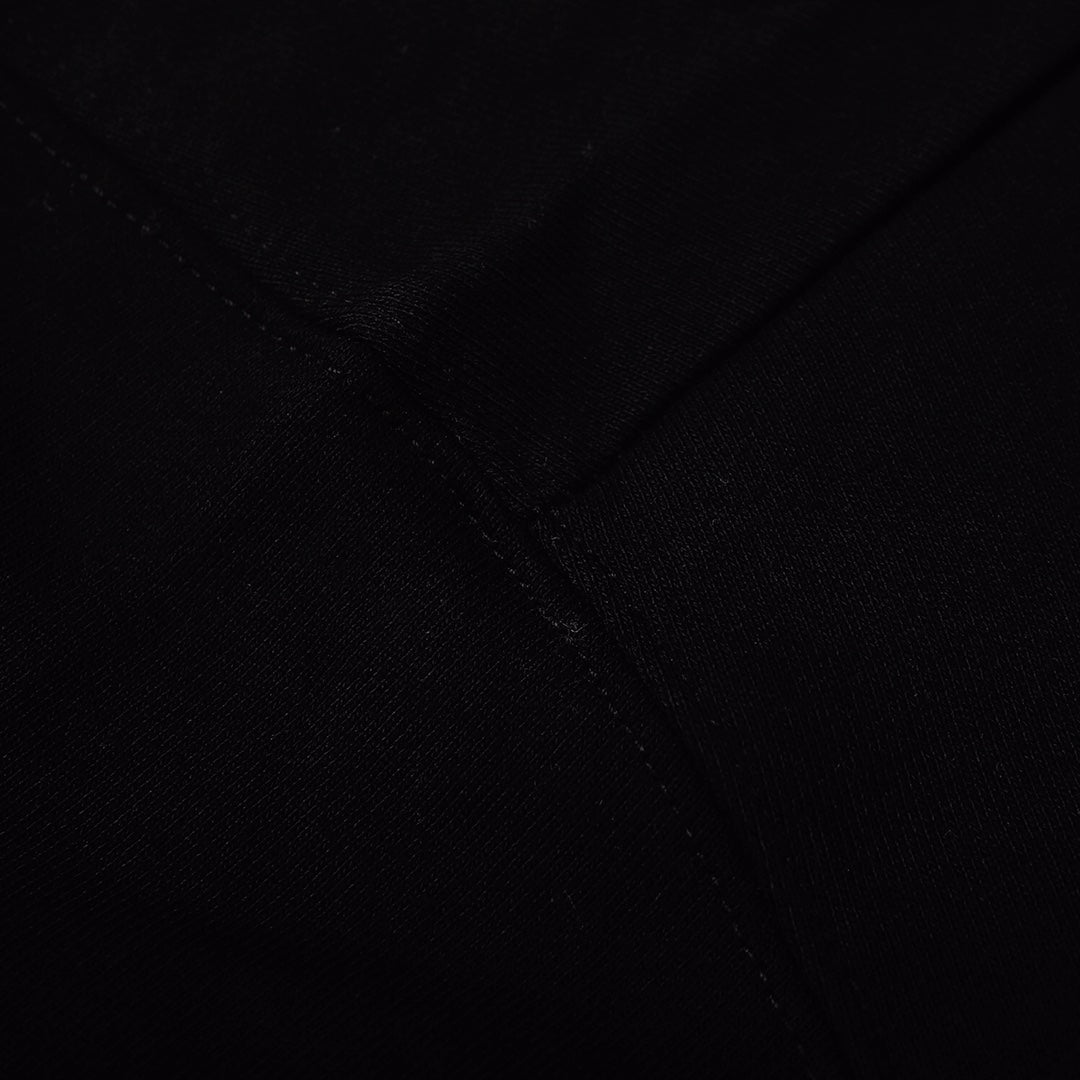 Black crewneck sweatshirt fabric close-up, stitched seam