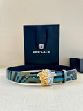 Blue patterned leather belt with gold-and-silver Medusa buckle