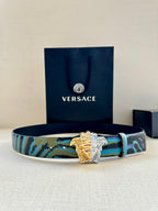Blue patterned leather belt with gold-and-silver Medusa buckle