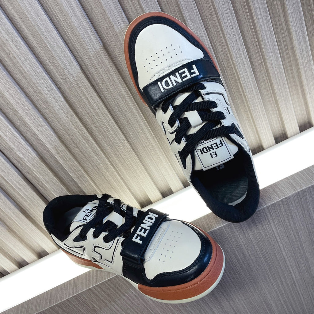 Fendi unisex sneakers, white leather uppers with black accents and tan outsole