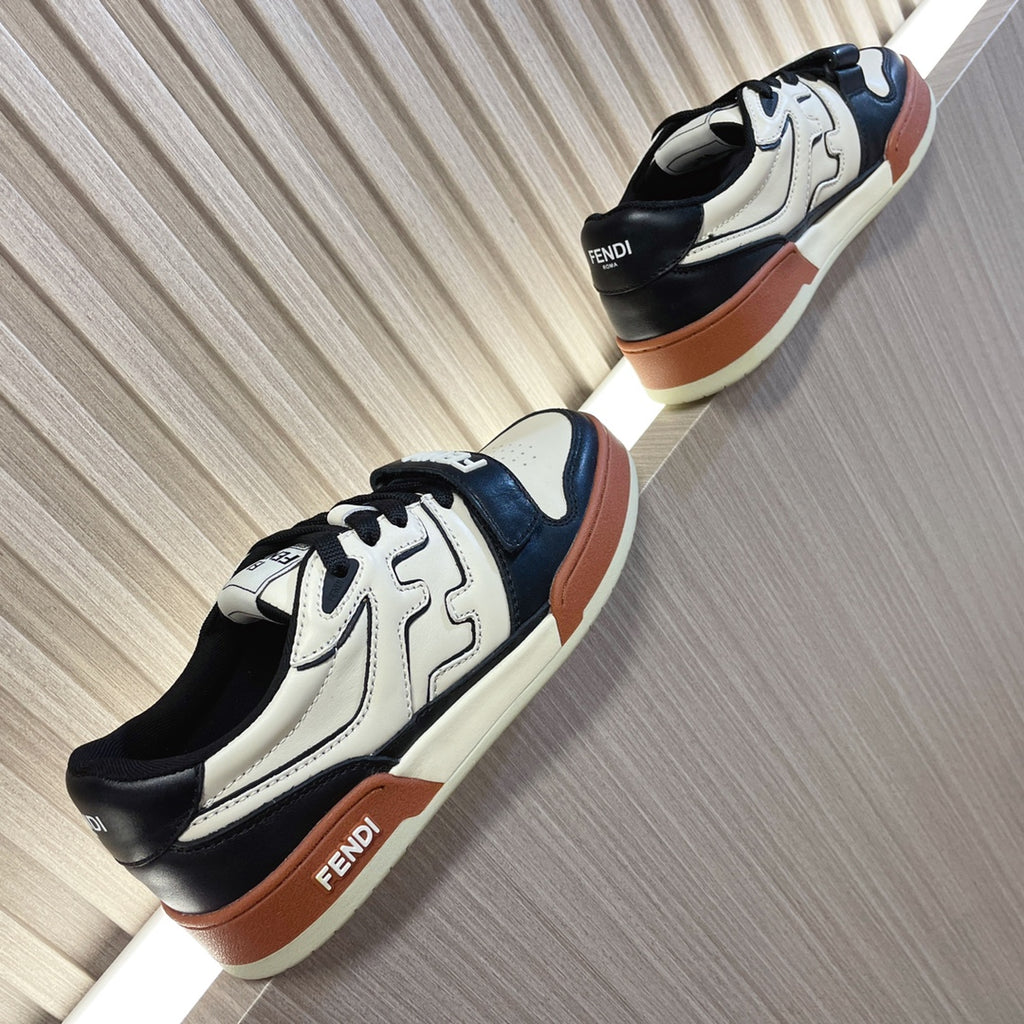 Fendi unisex sneakers, white and black leather with brown-tan trim and lace-up front