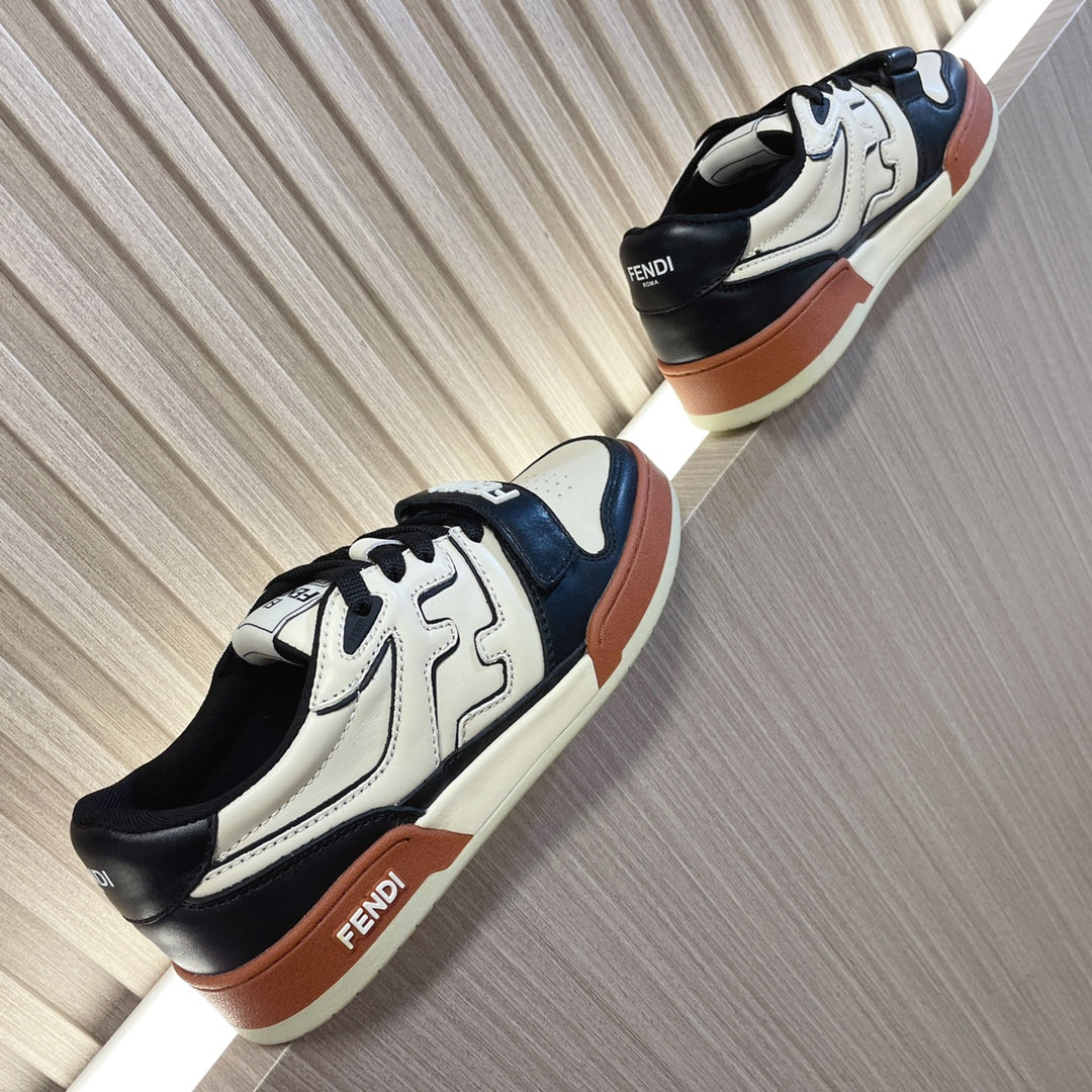 Fendi unisex sneakers, white and black leather with brown-tan trim and lace-up front