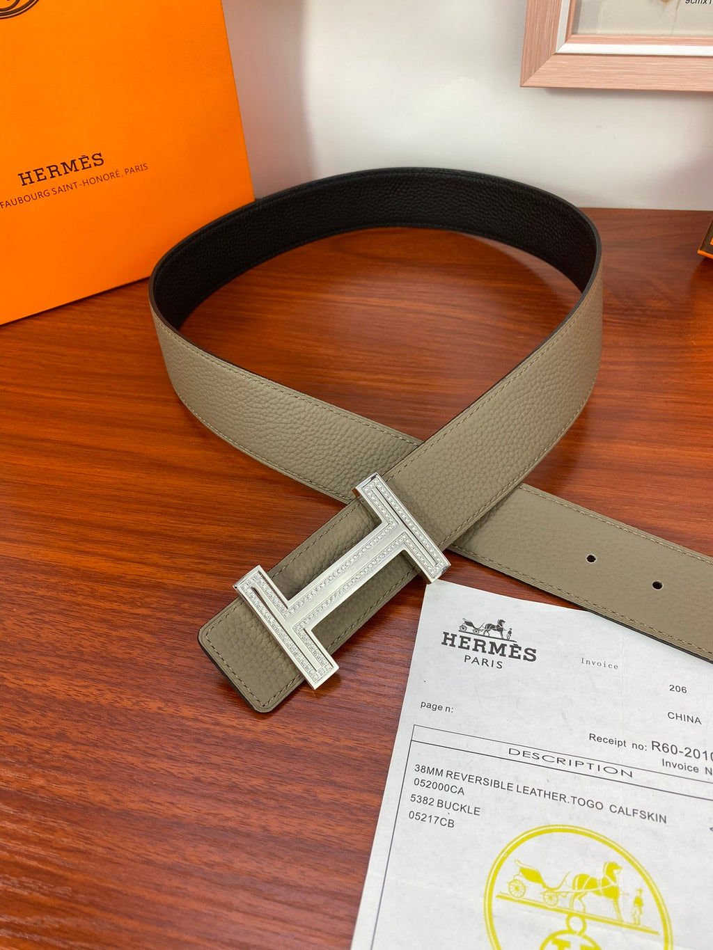 Hermes reversible belt, light olive exterior and dark interior, silver H buckle and tag