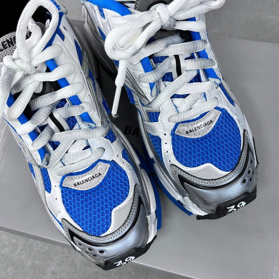 Unisex sneakers with white laces, BALENCIAGA heel patch, blue mesh upper