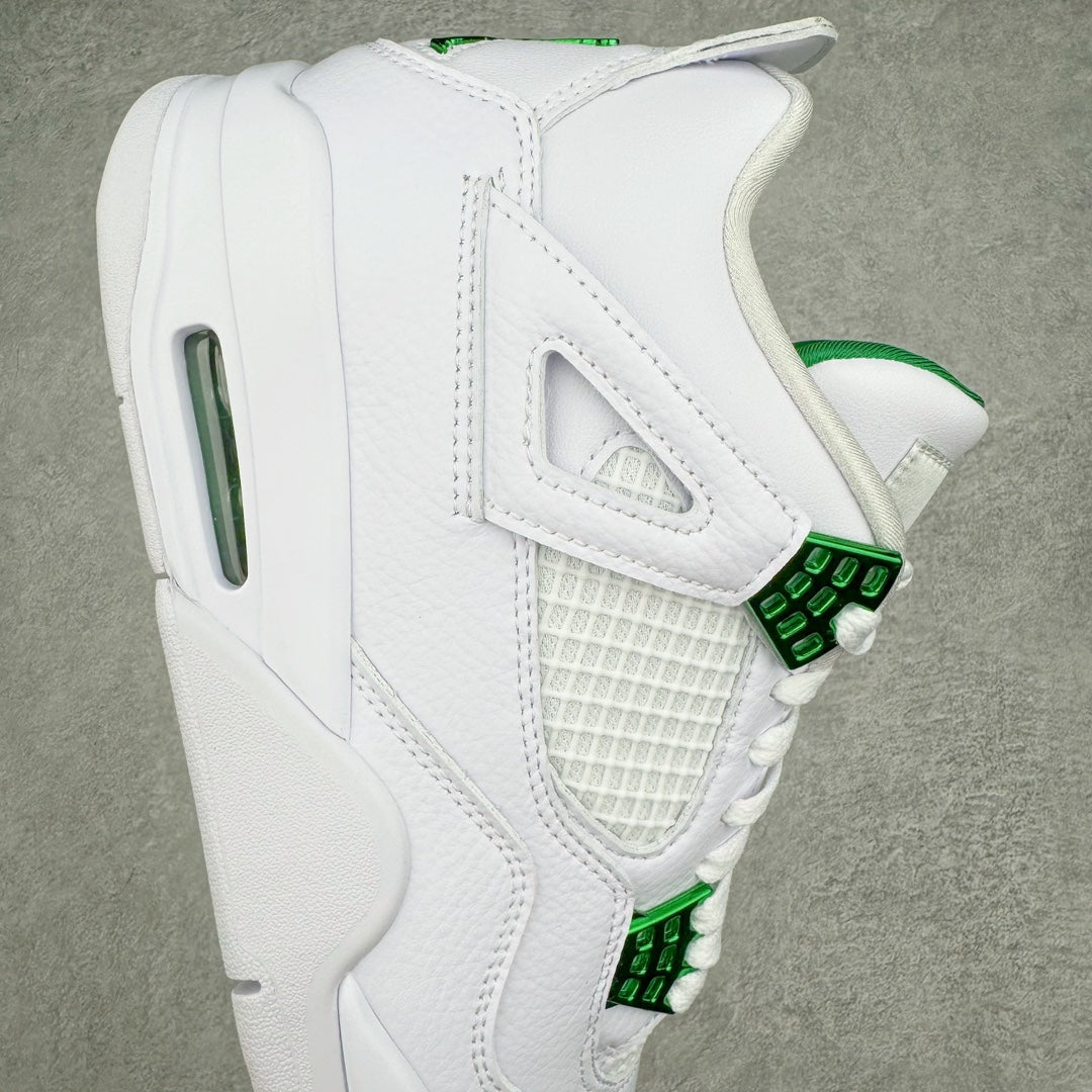 White sneaker side view with green lace strap details and textured mesh panel