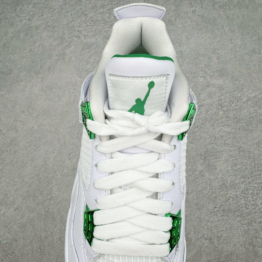 White sneaker tongue and collar with green Jumpman logo patch and laces