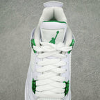 White sneaker tongue and collar with green Jumpman logo patch and laces