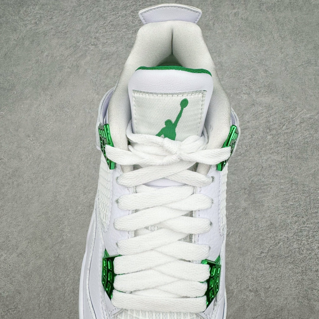 White sneaker tongue and collar with green Jumpman logo patch and laces