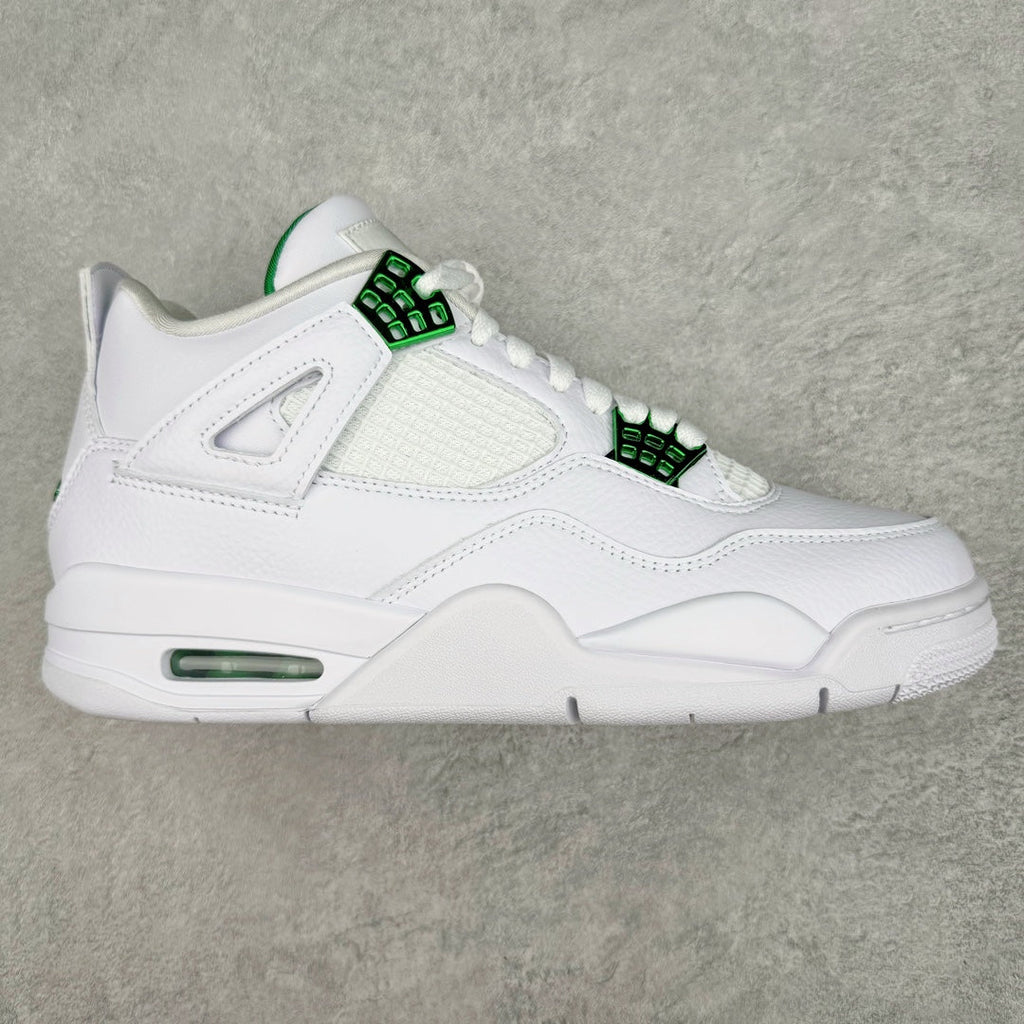 White low-top sneaker with green lace accents and Air sole window