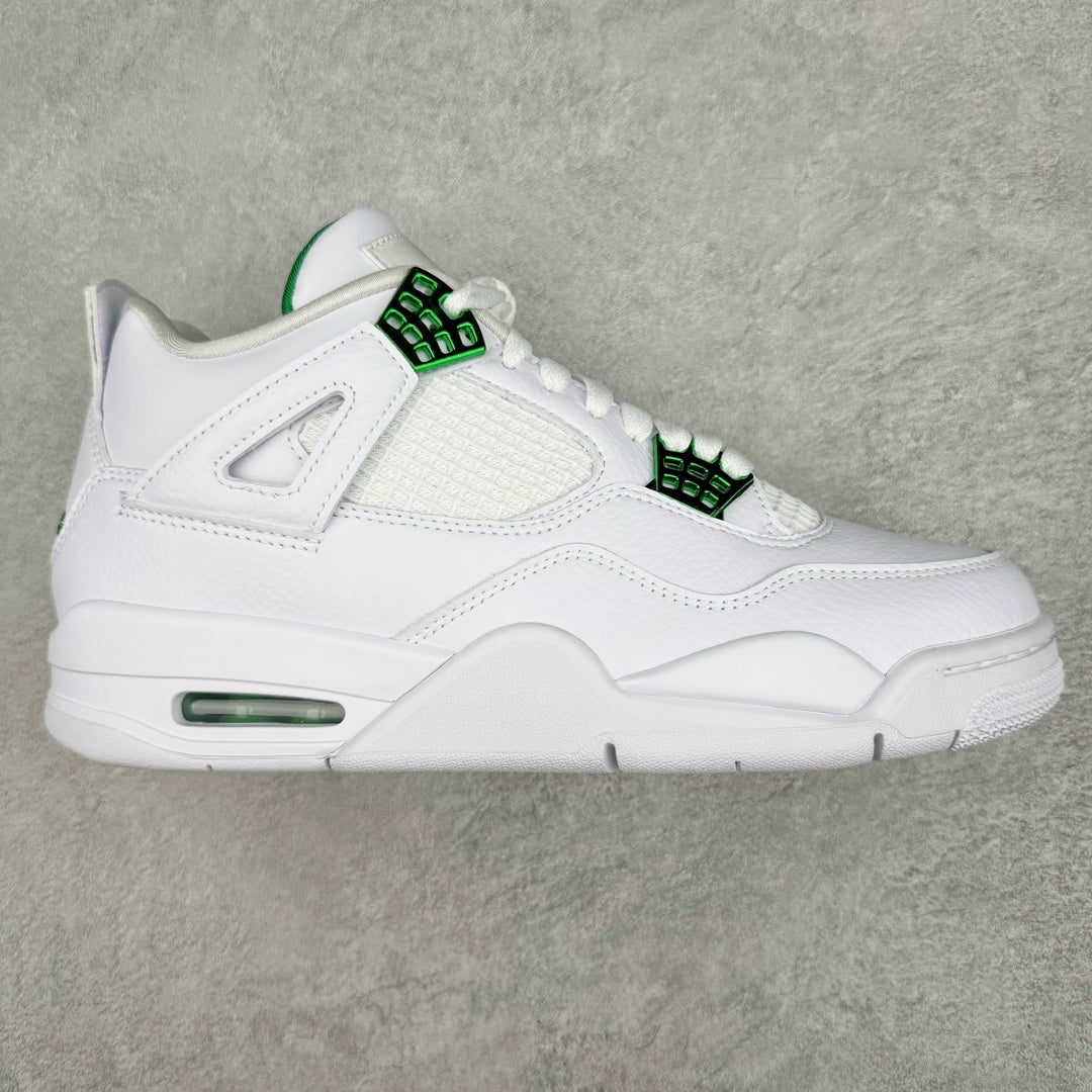 White low-top sneaker with green lace accents and Air sole window