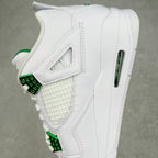 White sneaker quarter view with green lace strap and side Air window
