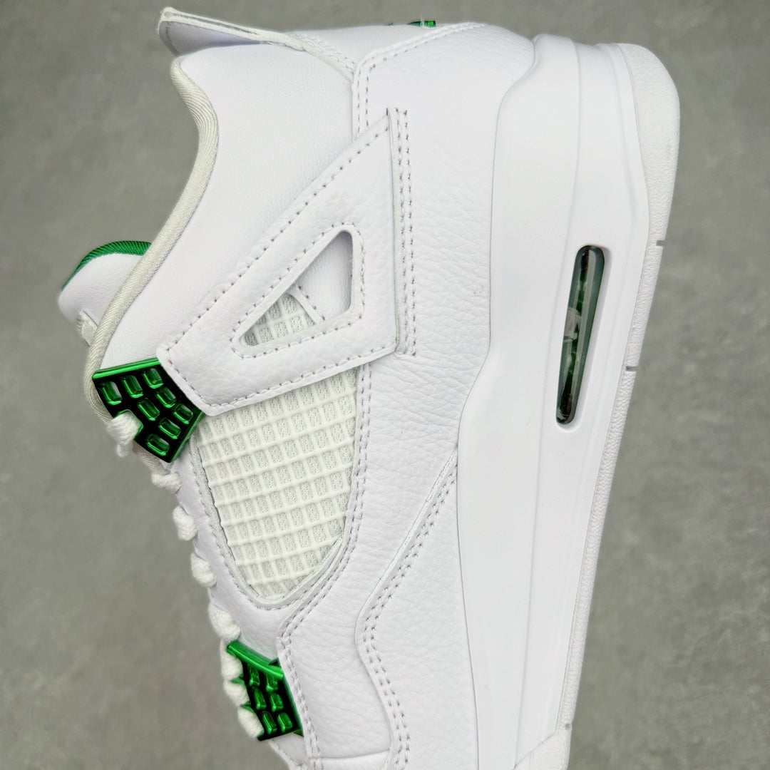White sneaker quarter view with green lace strap and side Air window