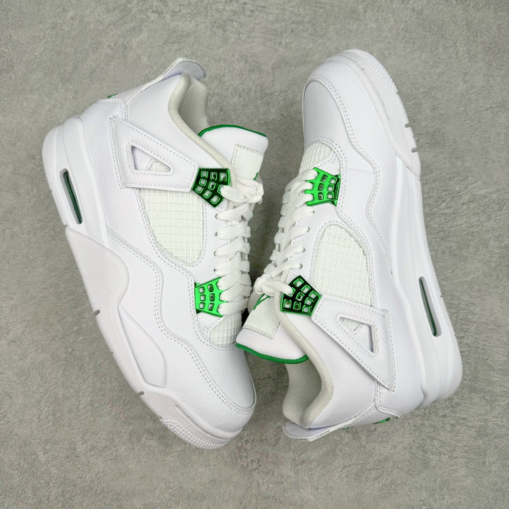 White low-top sneaker with green lace cage panels and side Air unit