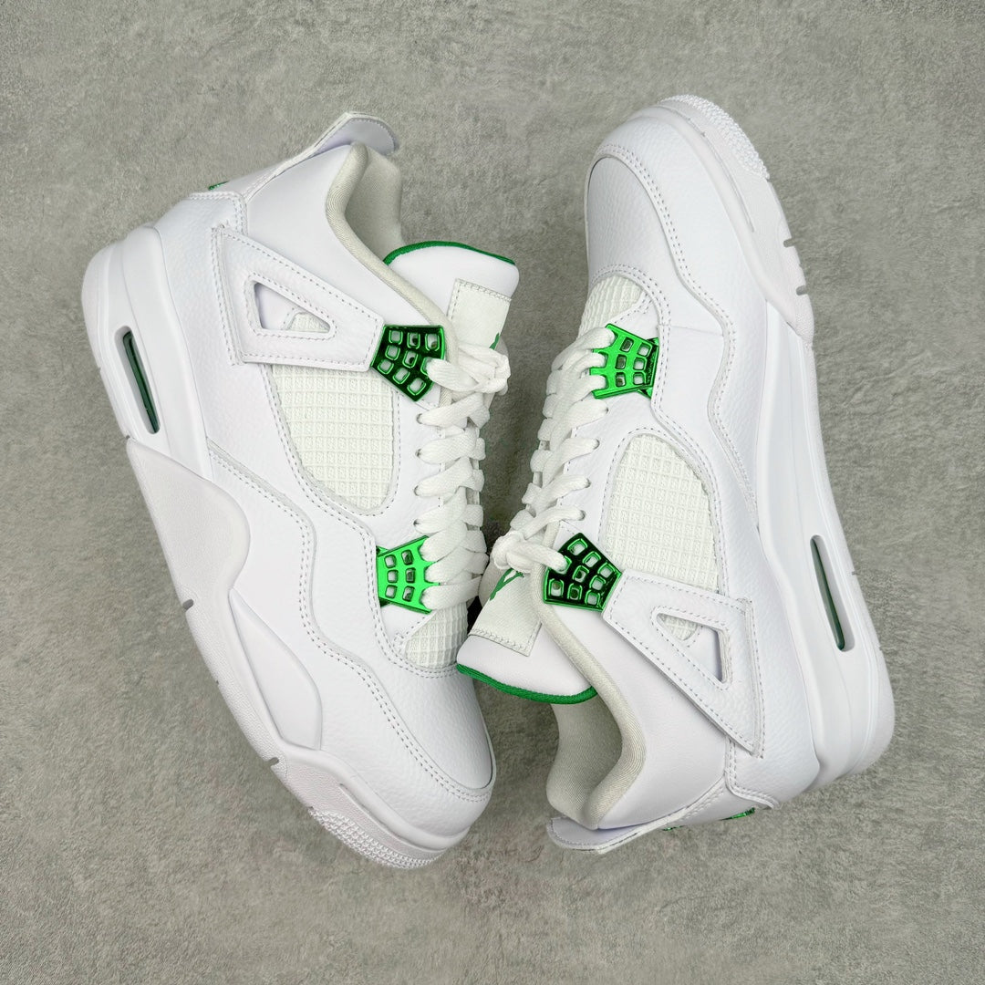 White low-top sneaker with green lace cage panels and side Air unit