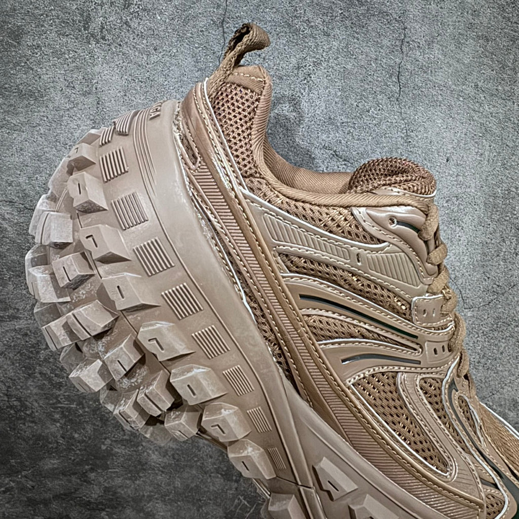 Unisex sneakers with oversized lug sole and beige mesh upper with stitched overlays