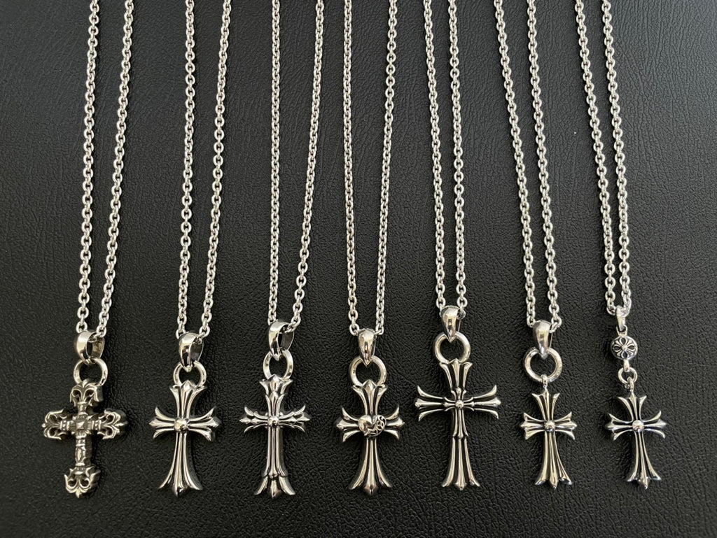 Silver-tone cross pendant necklaces on chain, assorted designs
